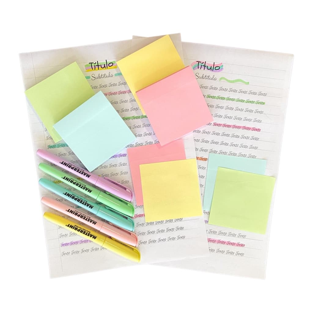 Kit Canetas Marca Texto e Bloco de Notas Adesivas - Cores Pastéis