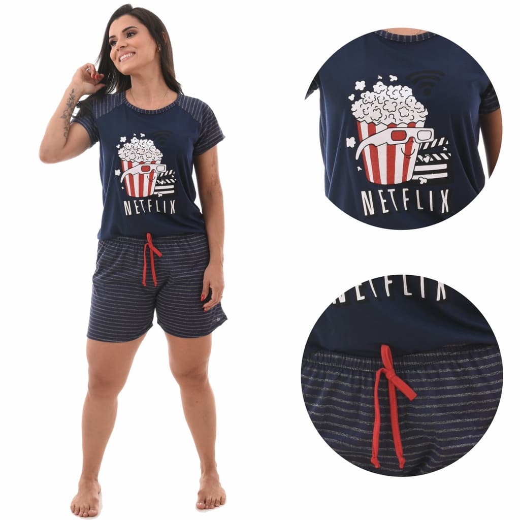 Pijama Feminino com Manga Curta Baby Doll Netflix Roupa Dormir