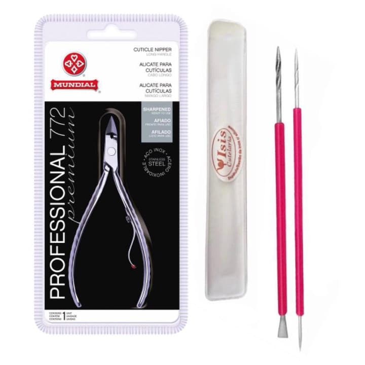 ALICATE MUNDIAL 772 INOX + ESPATULA (BASTAO MISTA) + PALITO ISIS CUTELARIA MANICURE UNHA PODOLOGIA