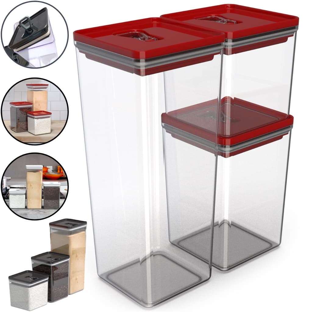 Kit Pote Mantimento Hermético Organizador 3 Pçs Cozinha Acrílico Quadrado Vasilha Mantimento