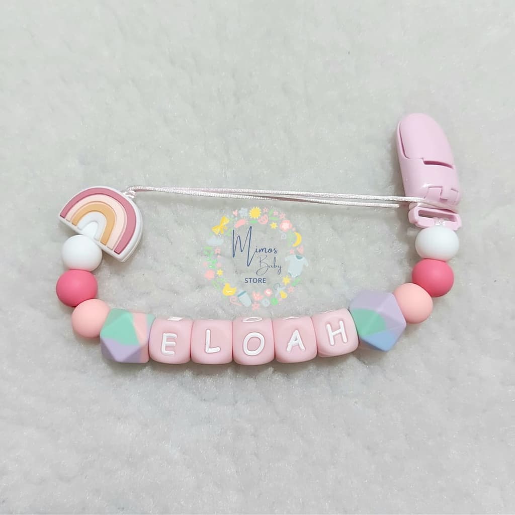 Prendedor de Chupeta e Mordedor Personalizado com Nome do Bebê de Silicone Arco Íris