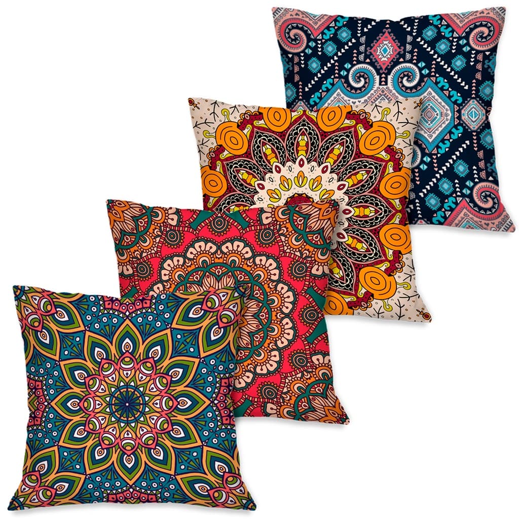 Kit com 4 Capas para Almofada Decorativas Coloridas Mandalas 45x45 Tradicional
