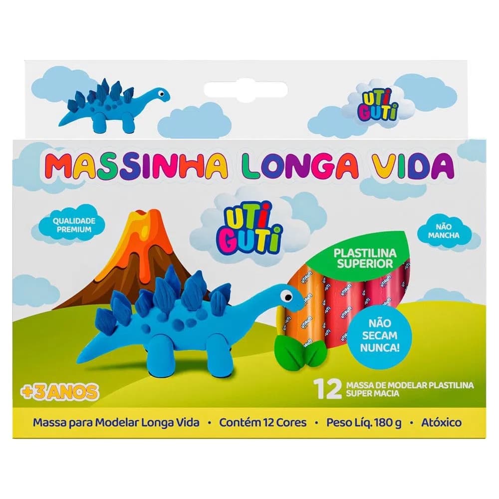 MASSA DE MODELAR UTIGUTI 12 CORES 180G PLASTILINA LONGA VIDA