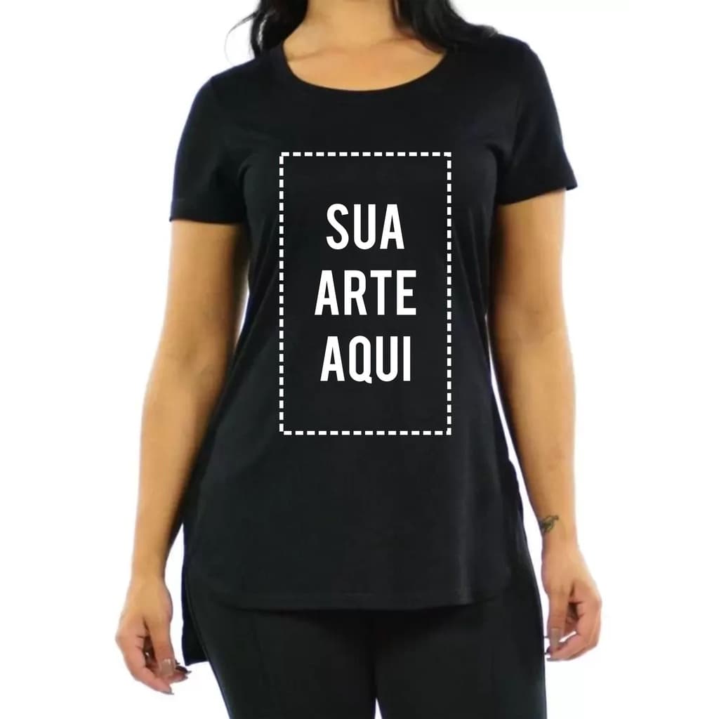 CAMISA PRETA LONGLINE FITNES FEMININA PERSONALIZADA