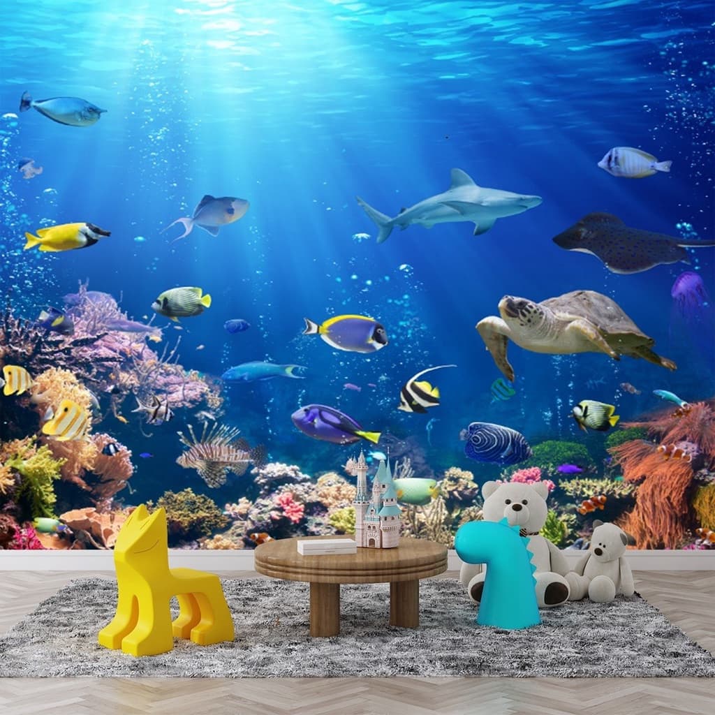 Papel de Parede Adesivo para Quarto Sala Escritório 3d Oceano Peixes Fundo do Mar
