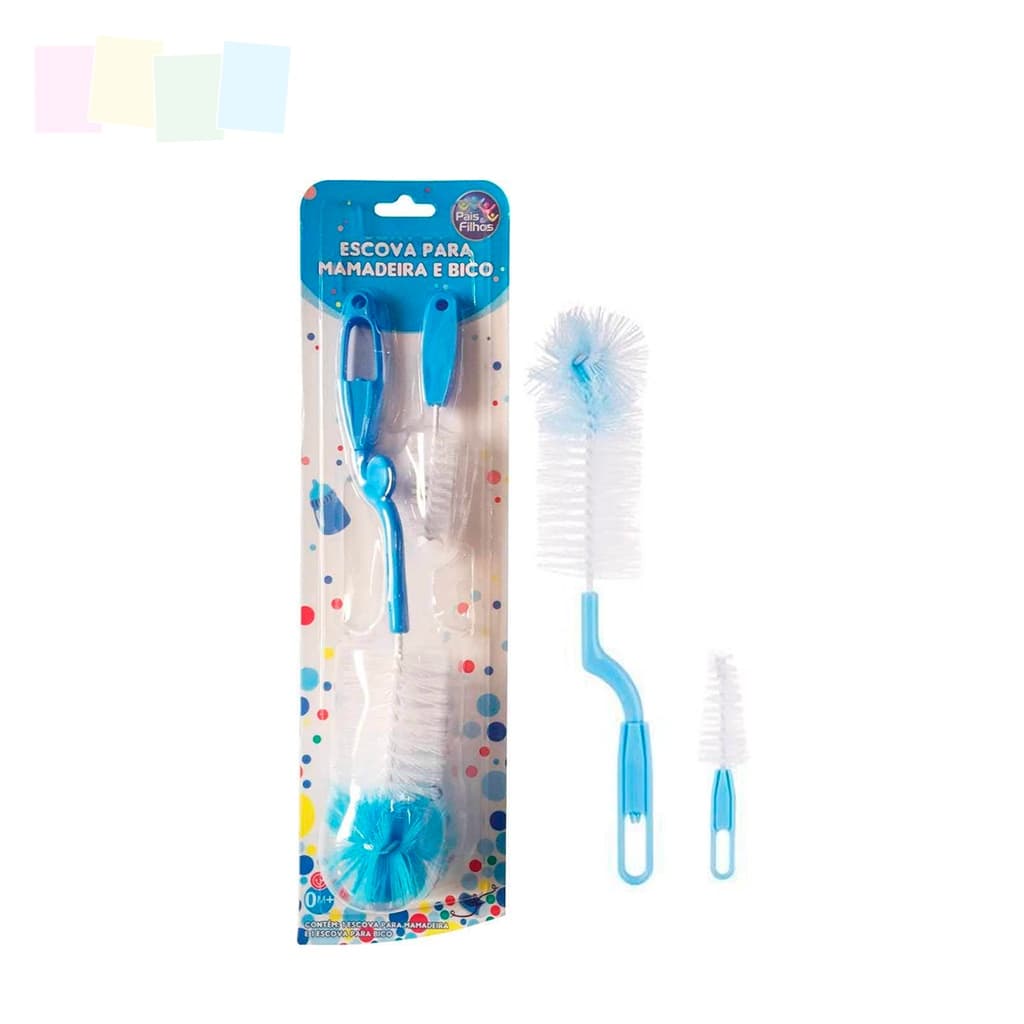 Escova de Lavar Mamadeira e Bico Cabo Giratório Cerdas Polipropileno Corpo Aço Resistente Rosa/Azul