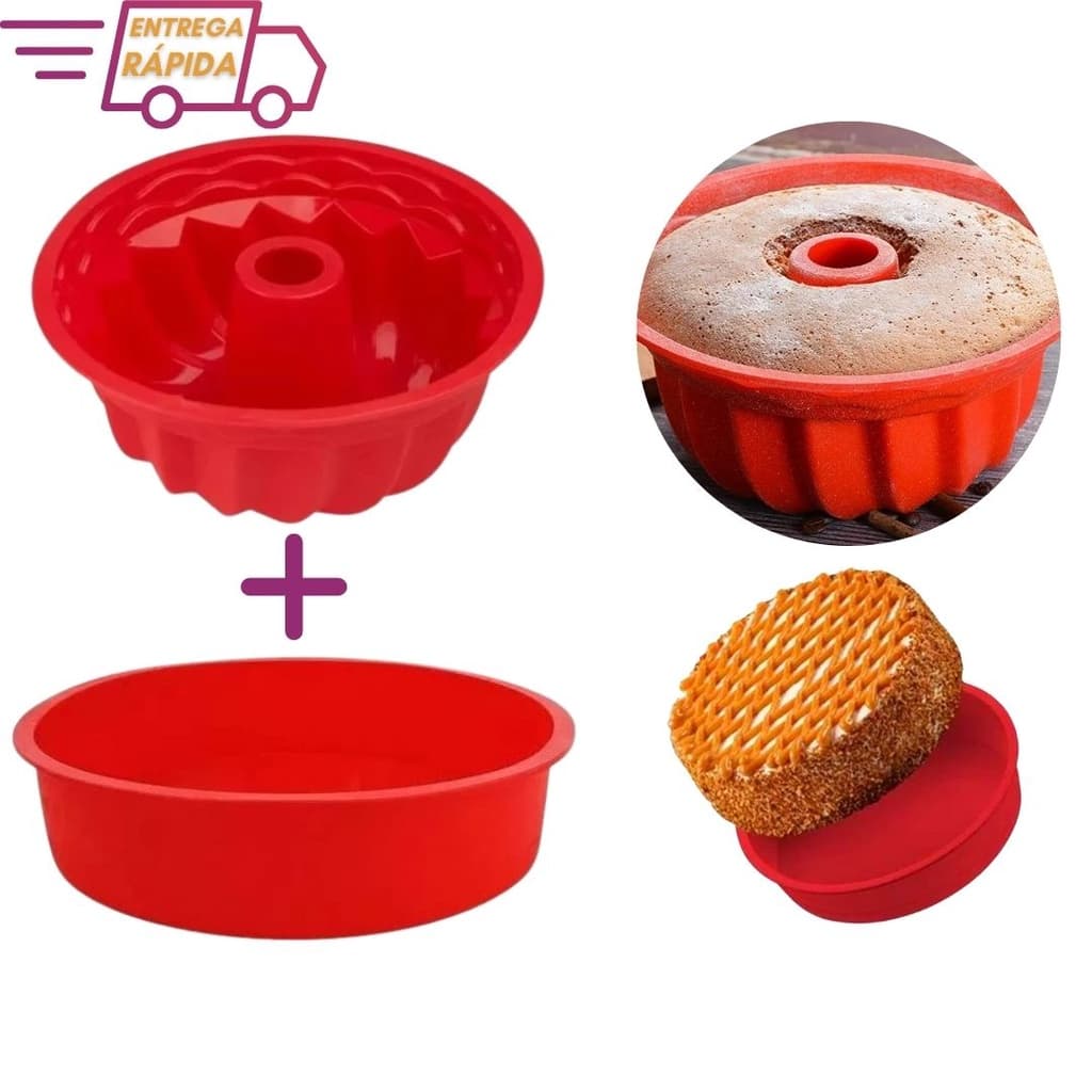 Kit 2 Forma de Bolo Silicone Redonda e Furo no Meio Vazada para Bolos Tortas Pudim