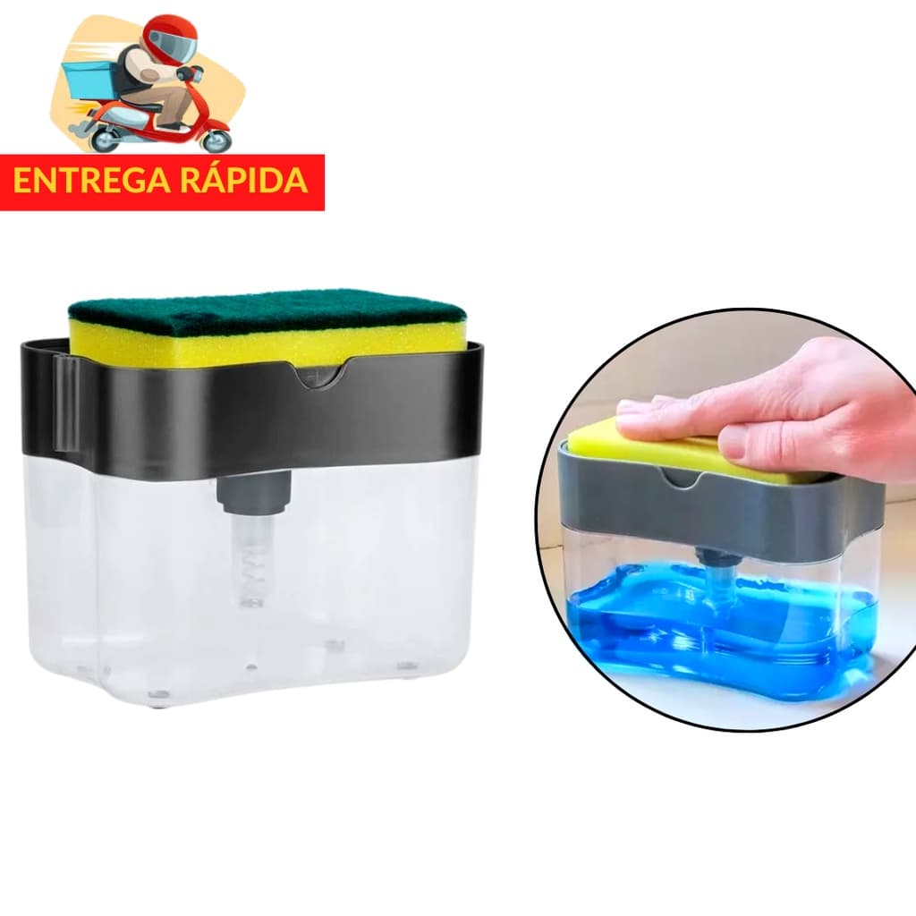 Dispenser para Detergente 2 em 1 com Esponja para Limpeza- Dispenser de Plastico para Sabao e Porta Esponja