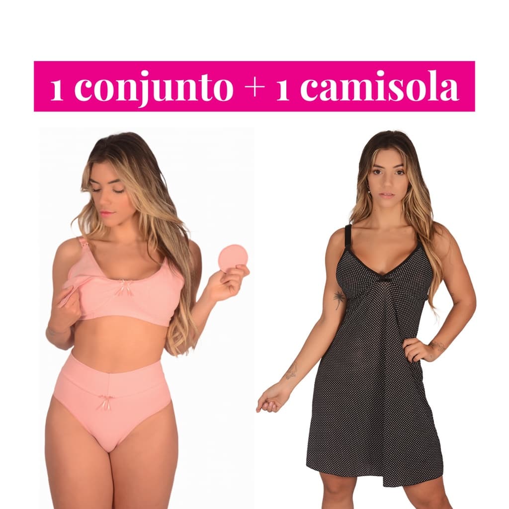 Kit 1 Camisola  + 1 Conjunto (Sutiã de Amamentação + Calcinha Pós Parto Cós Alto) Maternidade para Amamentar Gestante Sutian Feminino Reforçado sem Bojo Algodão Calsinha Cintura Alta Pijama Confortável