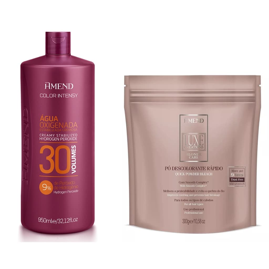 Kit Água Oxigenada Ox 30 Vol. 950ml + Pó Descolorante Rápido Luxe Creations Blonde Care 300g Amend