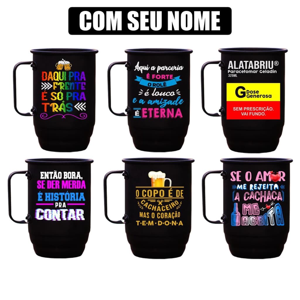 Caneca Aluminio Personalizada com nome e Tirante Personalizado canecas de aluminio preto fosco