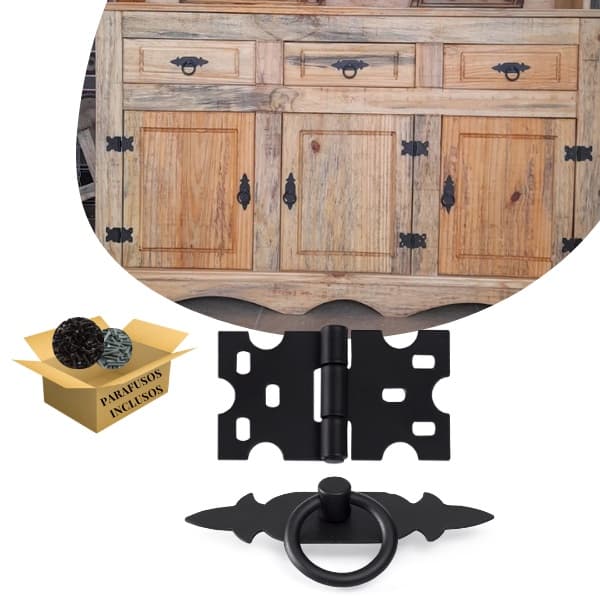 Kit 4 dobradiças mexicana 3 puxadores chapa rustica para moveis armarios moveis colonial rustico 7 unidades preto fosco