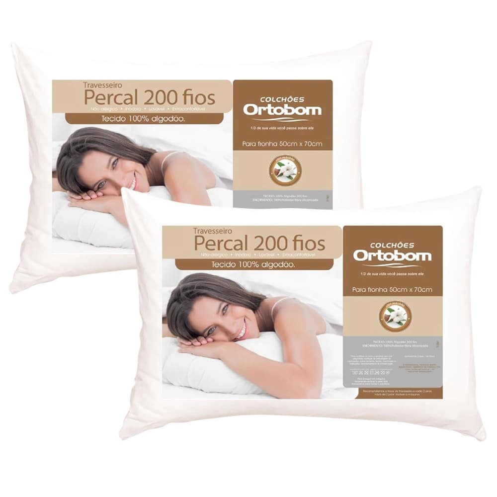 Kit 2 Travesseiros Ortobom 200 Fios 2 Unidades Travesseiro Antialérgico 50x70cm Super Macio