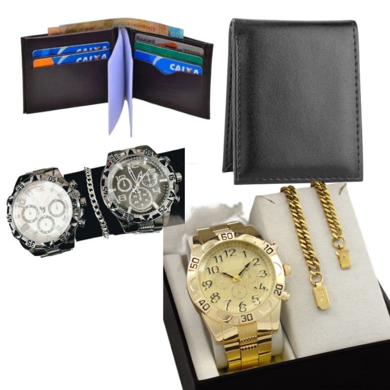 Kit masculino Presente Relógio masculino de aço  + Pulseira + Carteira de couro Promoção .2023 Só Hoje
