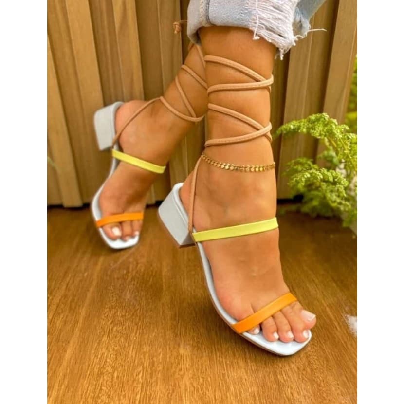 Sandalia Feminina Salto Grosso Salto Bloco Amarração Colorida Promoção
