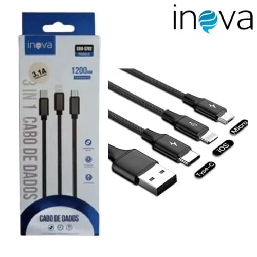 Cabo USB de Dados 3 in 1 1200mm Preto