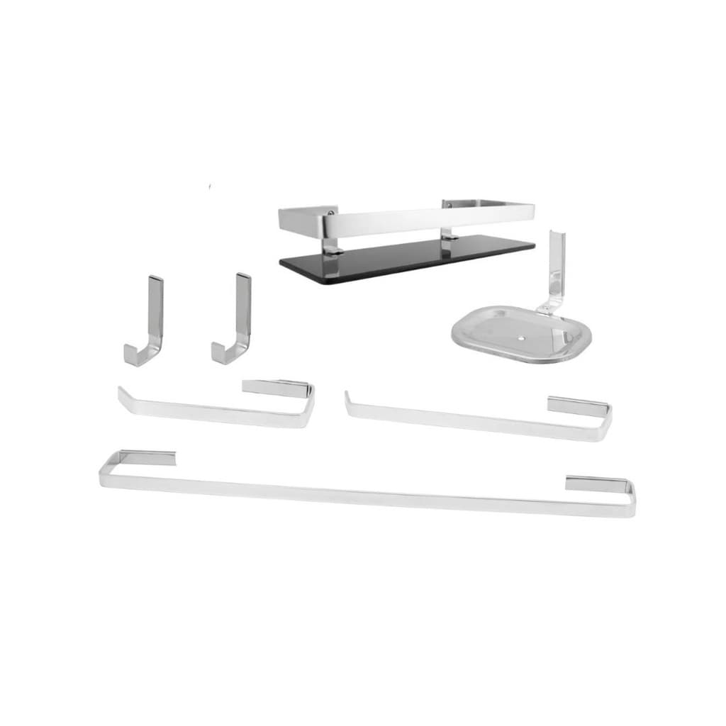 Kit Acessórios Para Banheiro 7 Peças Inox Alumínio Quadrado com vidro fumê