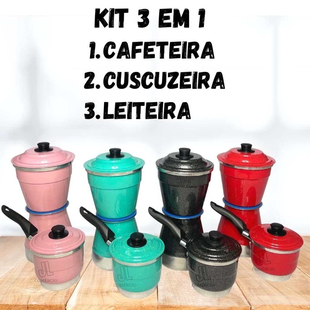 Kit 3 em 1 Multiuso Cafeteira 1L Italiana em Alumínio + Cuscuzeiro Individual Porção Unica + Fervedor