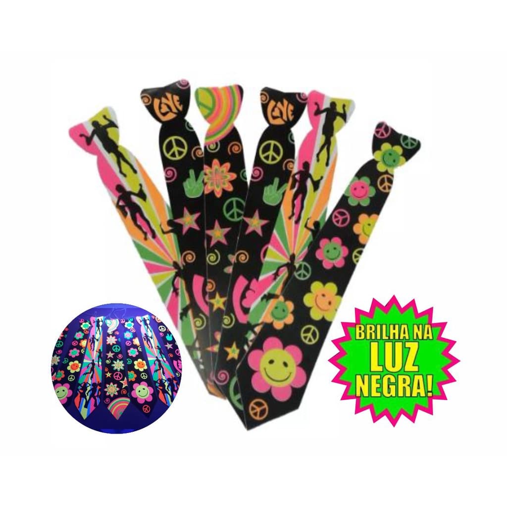 Kit 12 Gravatas Neon Brilha na Luz Negra