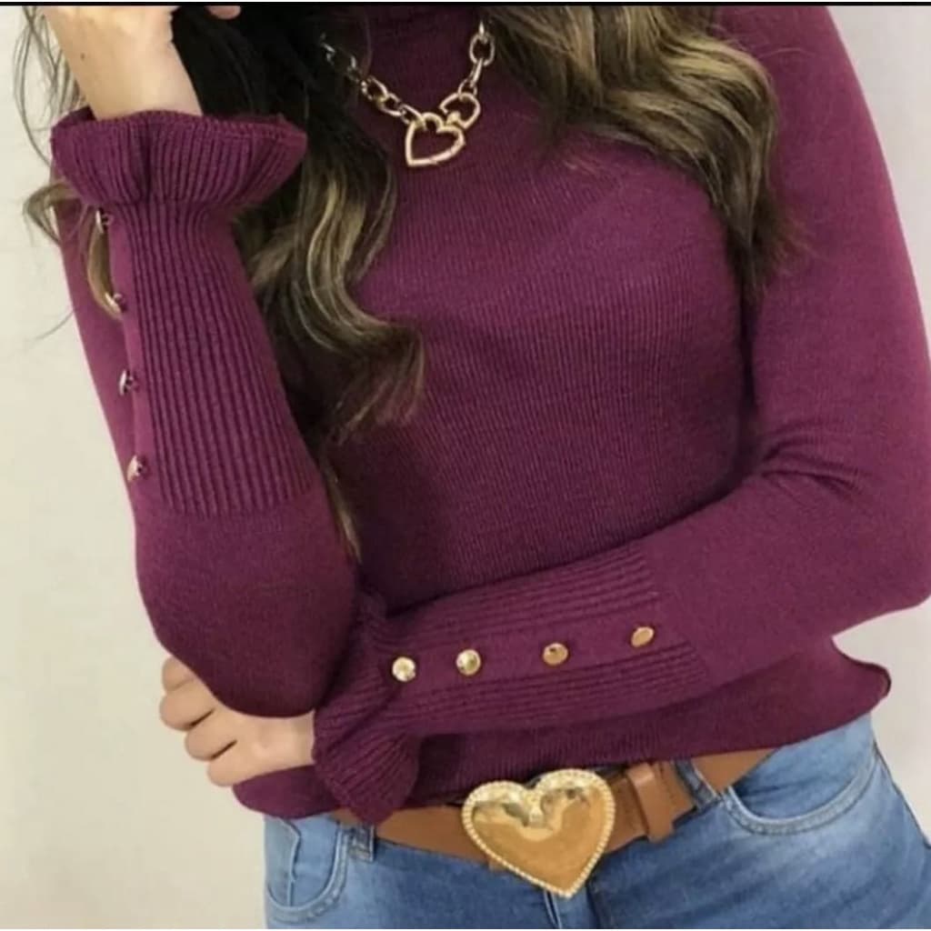 Blusa trico manga com botao cacharrel gola alta