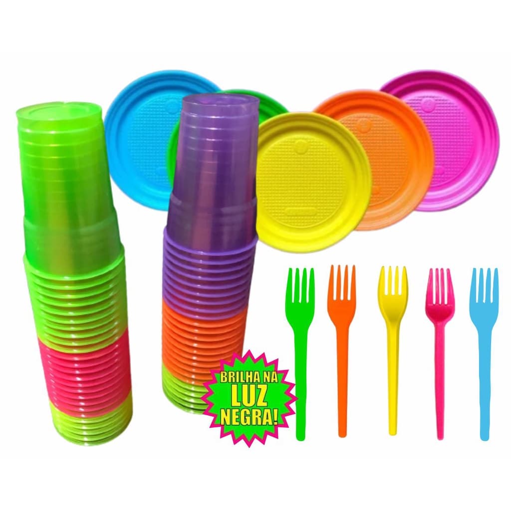 Kit Festa Neon 50 Copos 300 ml + 50 Pratos 15cm + 50 Garfinhos Brilha na Luz Negra