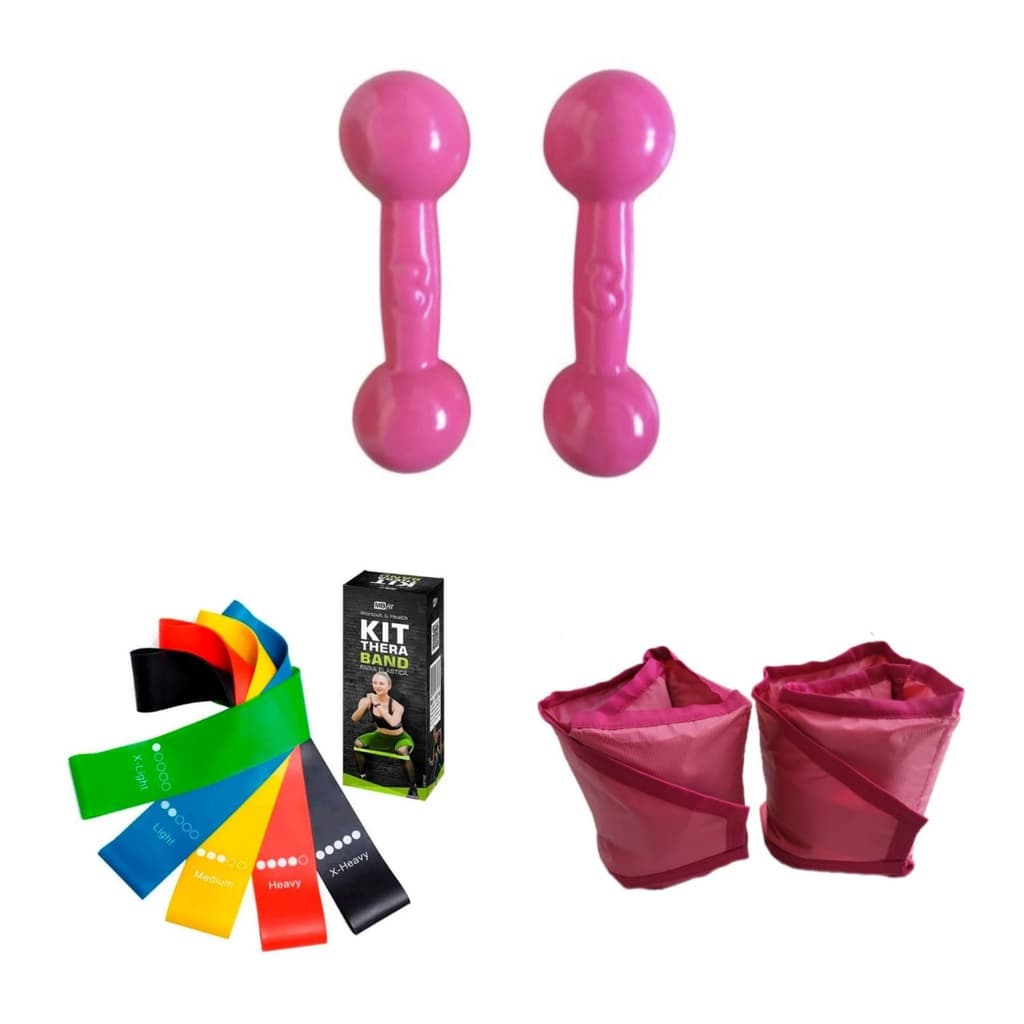 Halter Emborrachado 3 kg +  Caneleira 3 Kg + kit Theraband Reforçado