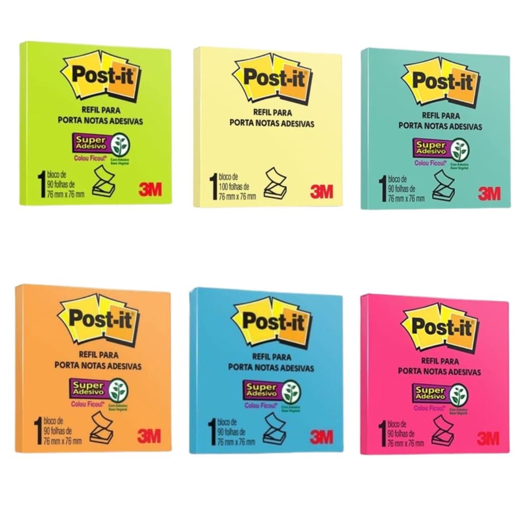 Bloco Adesivo Colorido Refil Post-It 76 x 76 mm 90 Folhas – 3M | Bloco de Anotações