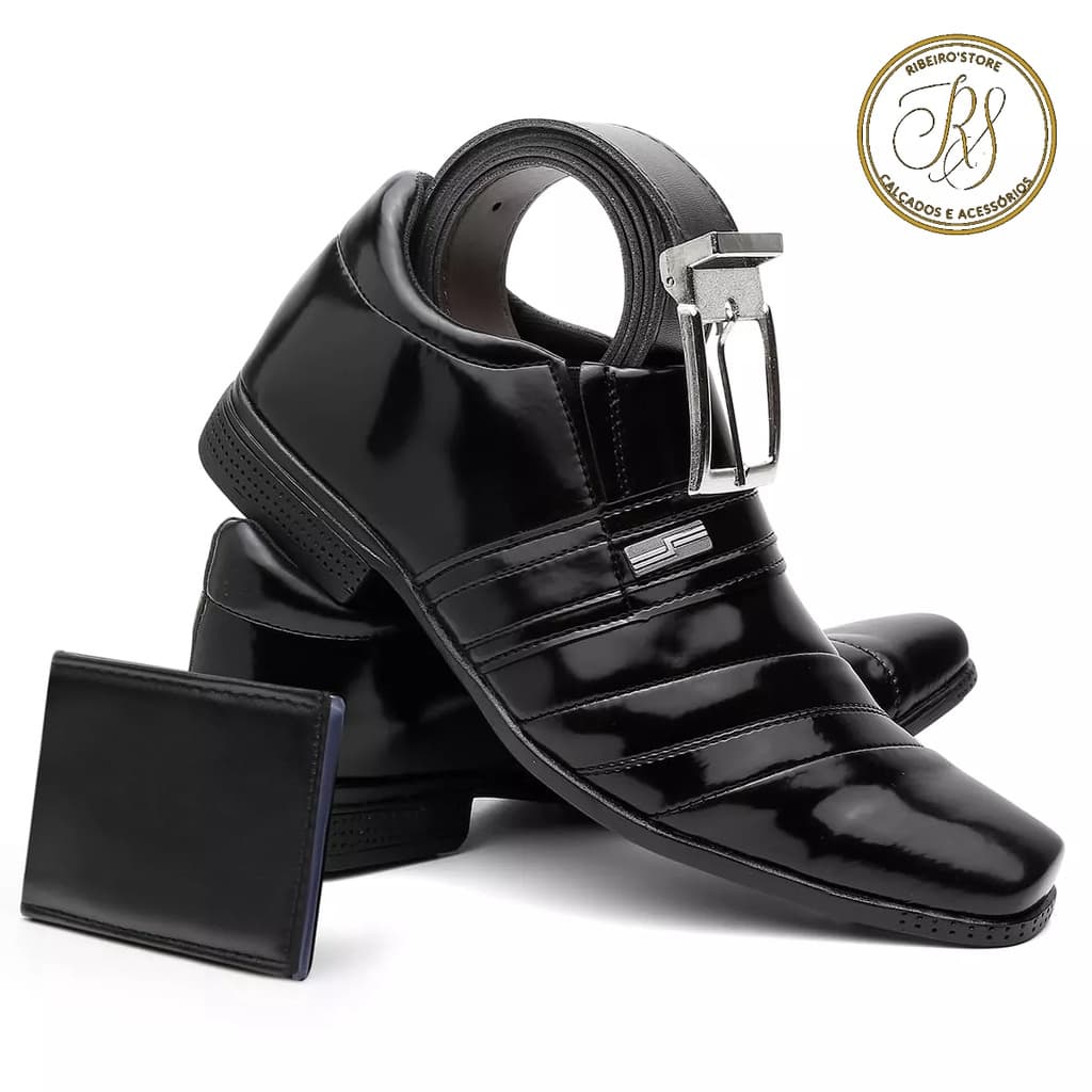 Kit Sapato Social Masculino Em Verniz  Preto Homem Elegante Na Promoção Com Cinto e Carteira