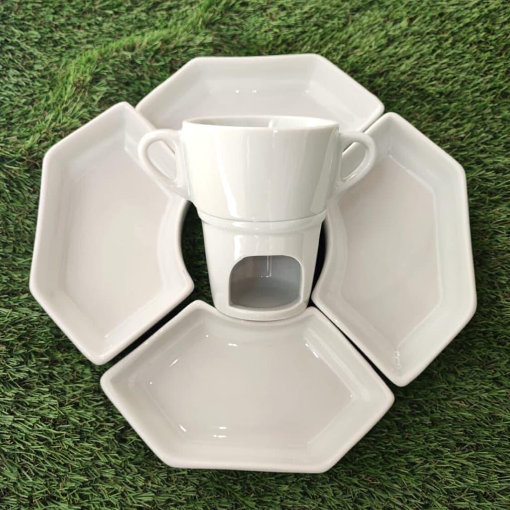 Kit Fondue Chocolate Porcelana Branca 11,5 CM 250 ML e 4 Travessa Para Frutas 11 x 19,5 CM 280 ML