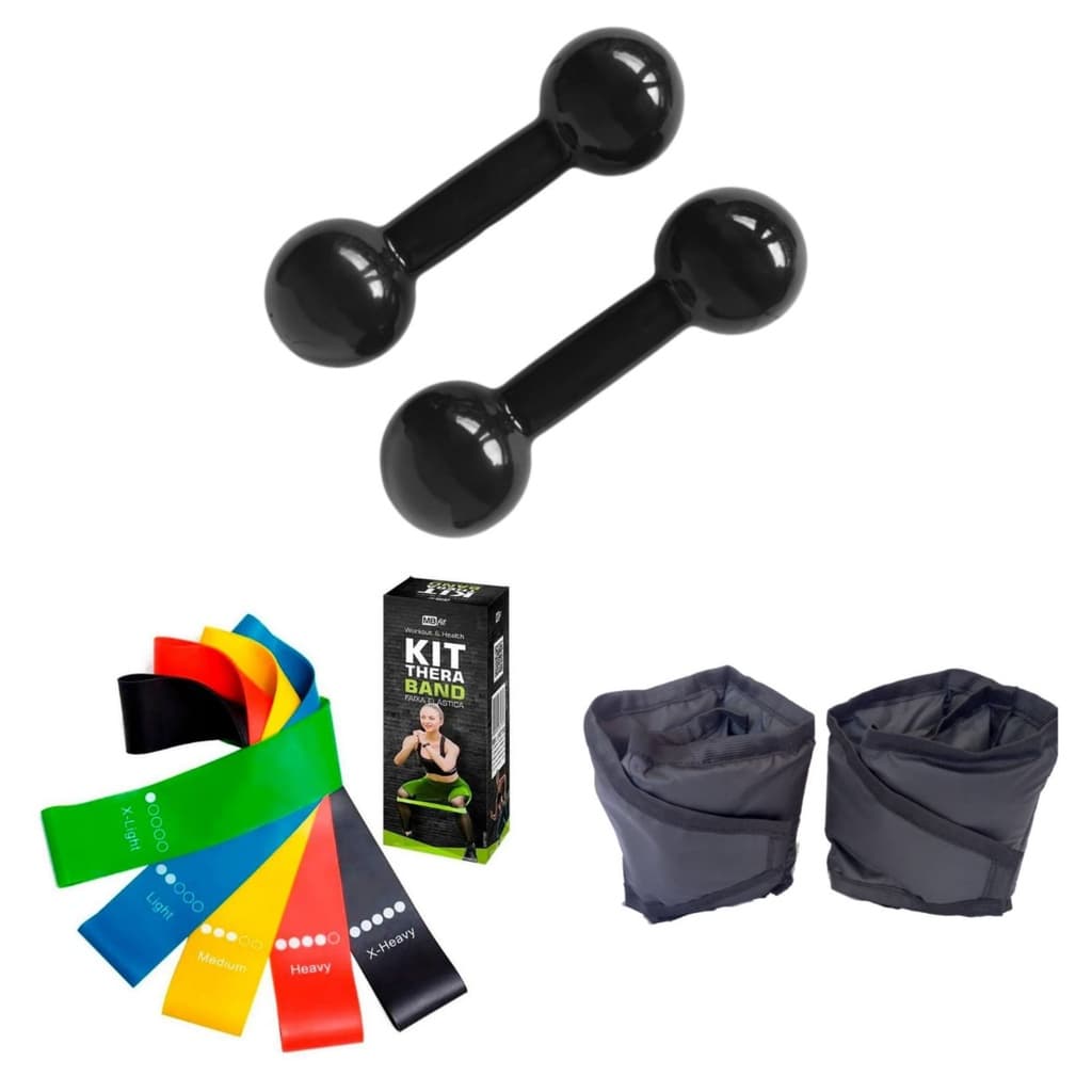 Halter Emborrachado 2kg + Tornezeleira 2kg + Kit Theraband Colorido