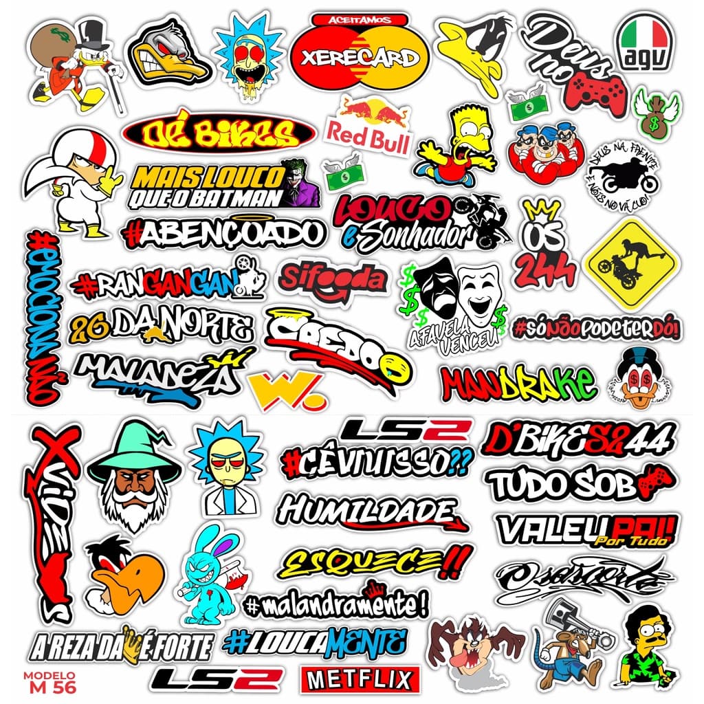 Cartela de adesivos 56 unidades - para Bike Carro Moto Capacete  impreshow