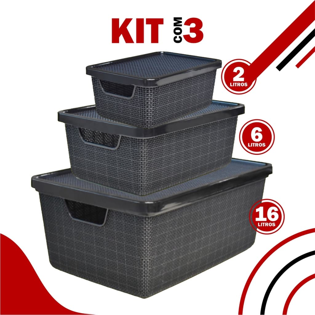 Kit 3 Caixas/cesto Organizador Jutta 2l, 6l E 16l Preto  Cesto Organizador Gavetas Guarda-Roupas