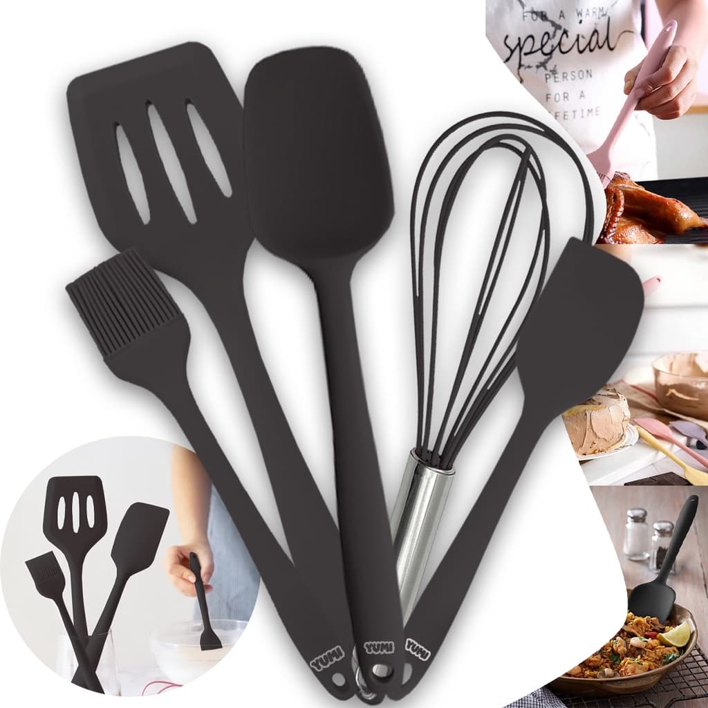 Conjunto De 5 Utensílios De Cozinha De Silicone Antiaderente Com Cabo De Inox Fácil De Limpar Ovos Pá / Espatula / Fue