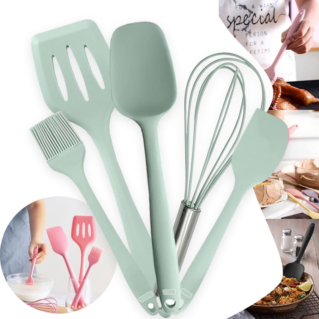 Jogo Utensílios De Cozinha Madeira E Silicone kit com 5 peças Preto Black Rosa Verde Original