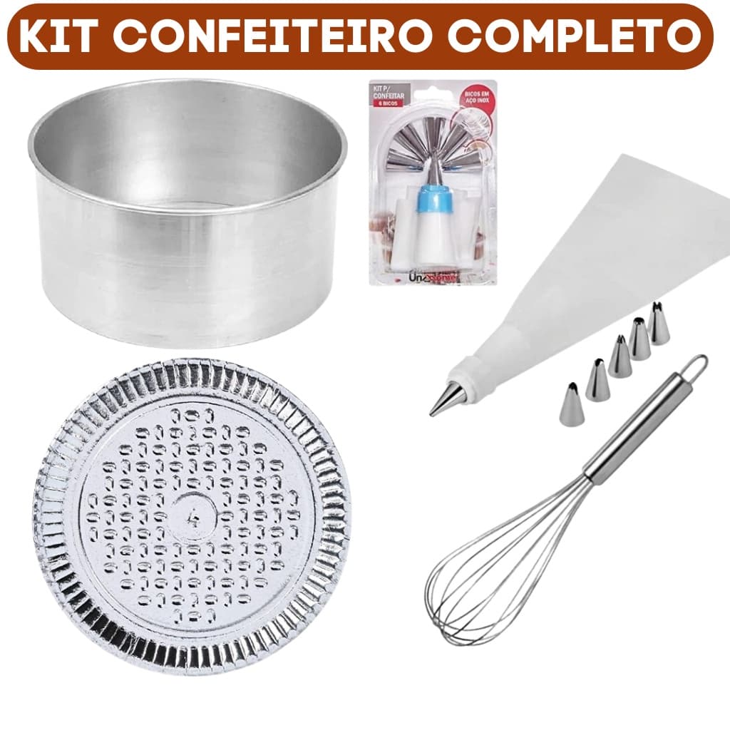 FORMA DE BOLO CONFEITEIRO KIT COMPLETO C/ 10 PÇS - 1 FUE + 6 BICO DE CONFEITAR + 1 SACO DE CONFEITAR + 1 FORMA + 1 PRATO