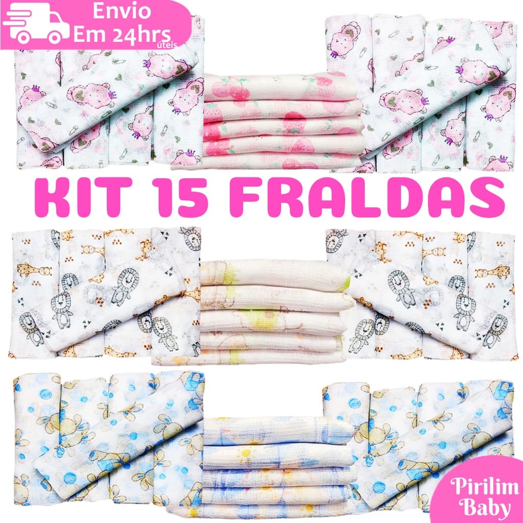 Fralda de pano kit com 15 unidades fina 60x60cm 100% algodão Minasrey