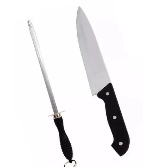 Kit Faca e Amolador GRANDE em Inox Com Cabo Plástico Carne Chaira