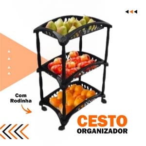 Organizador Vertical Triplo Fruteira Preto 3 Andares Cestos Com Rodinhas