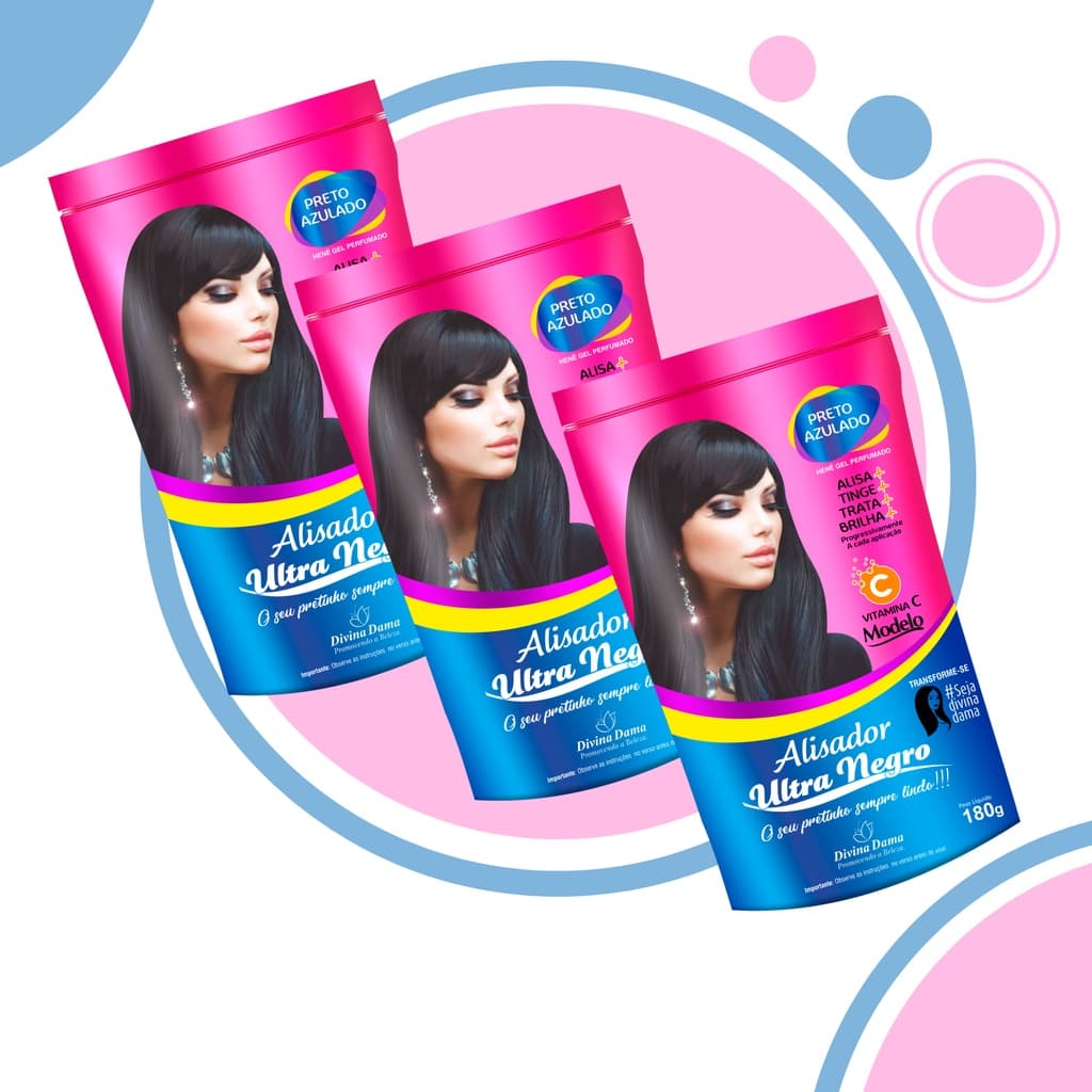 HENÊ ALISADOR ULTRA NEGRO PRETO AZULADO Divina Dama 180gr Pouch  -  KIT C/3 Henê em gel, Alisante para cabelo, Cabelo Preto e brilhante