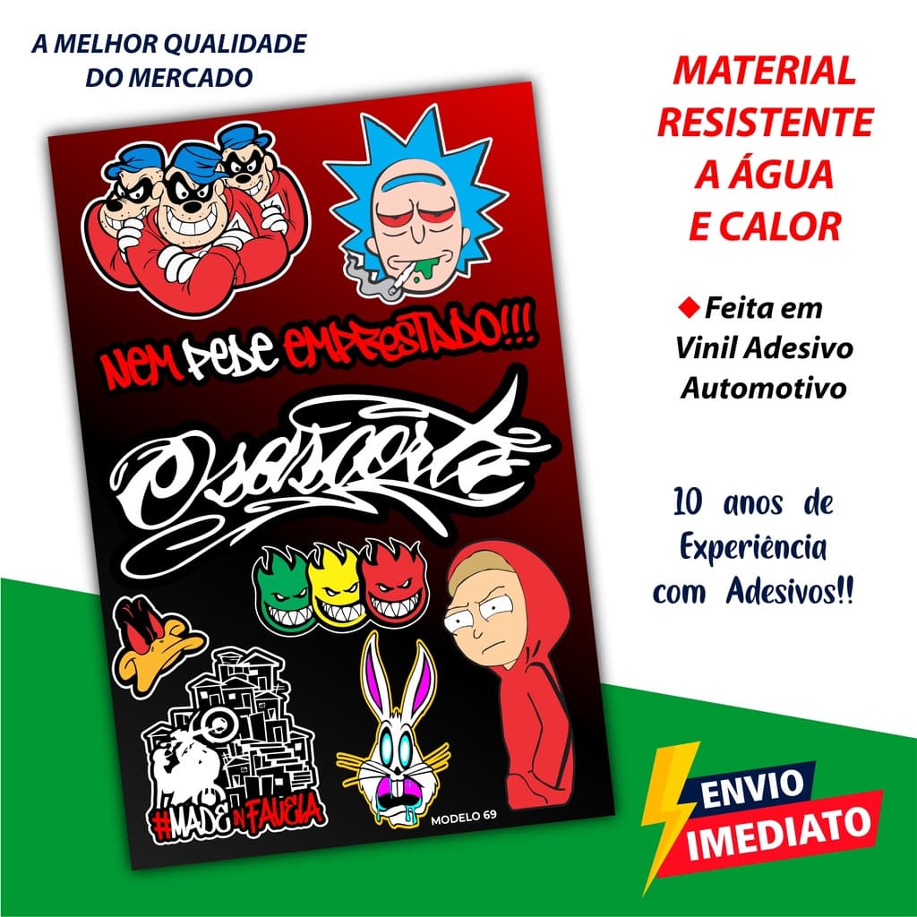 Cartela com 9 adesivos variados moto carro bike capacete carro MOD69