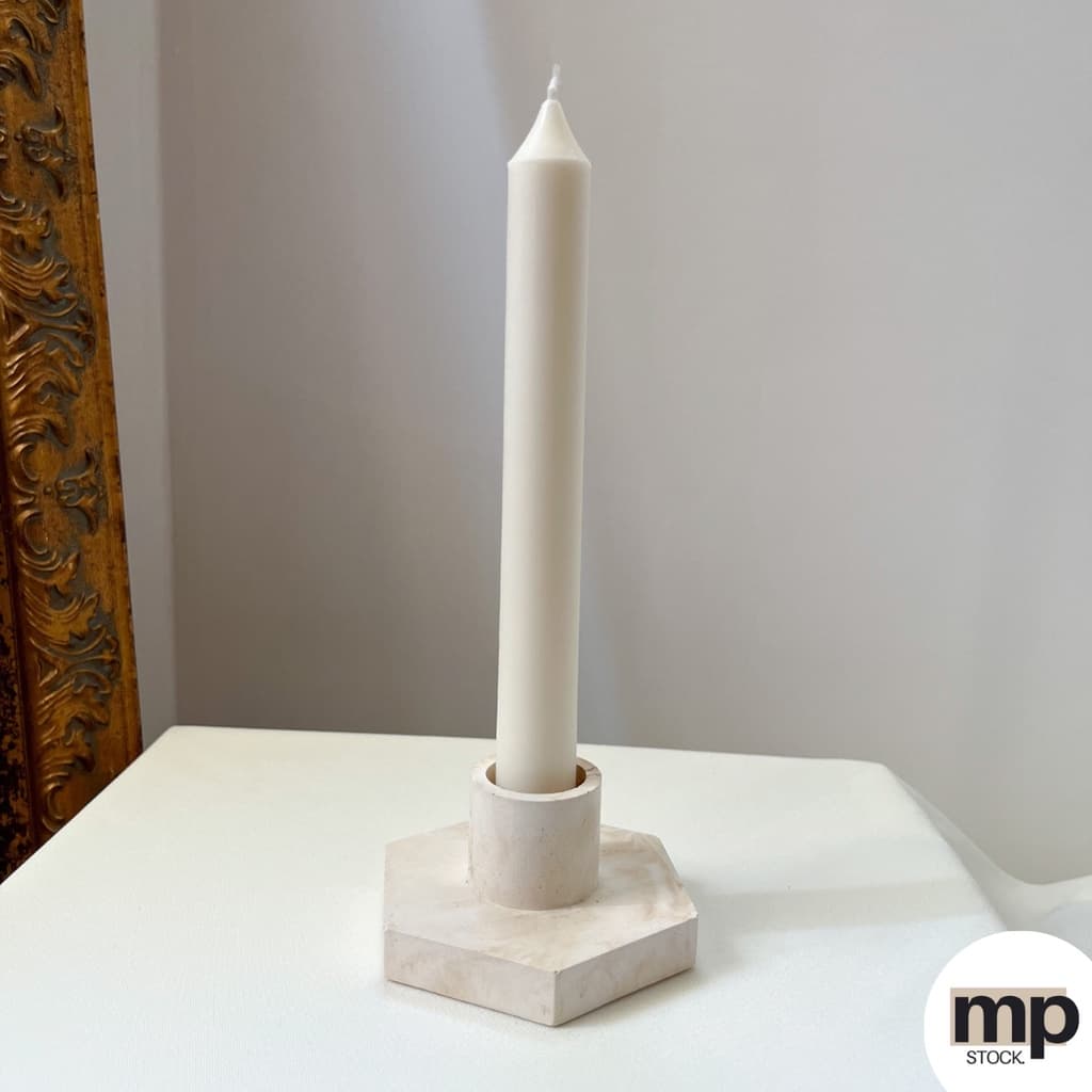 Kit Castiçal Hexagonal Marmorizado + Vela Palito – Castiçal Concreto + Vela | Decoração Aesthetic