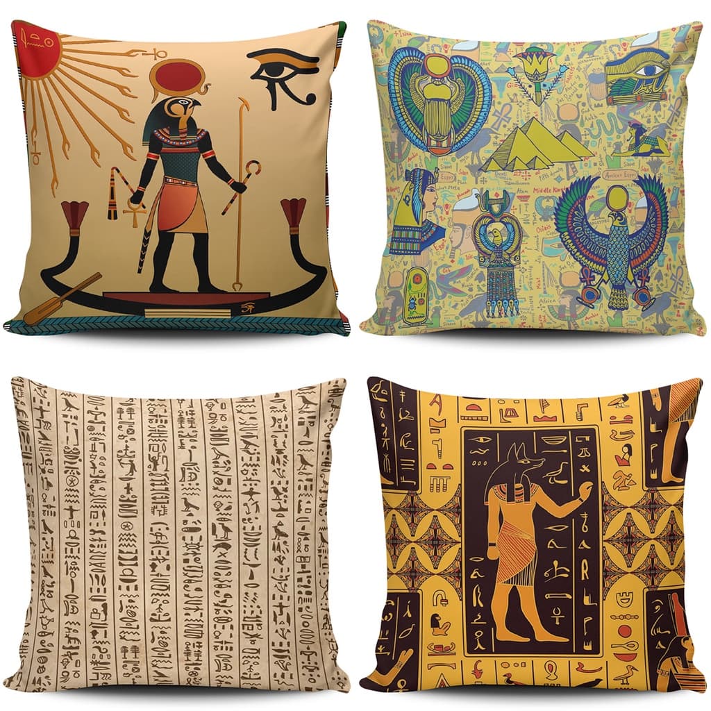 Kit 4 Capas de Almofadas Decorativas Para Festa Sala ou Quarto Tema Arte Egito Antigo