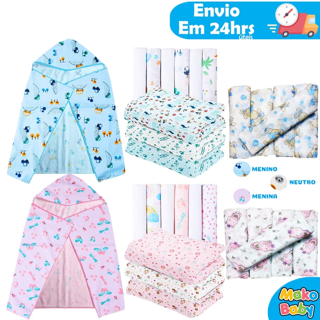 kit Enxoval de bebê 15 peças ótimo custo benefício 6 babetes+ 3 Cueiros+ 1 Toalha de Banho+5 Fraldas