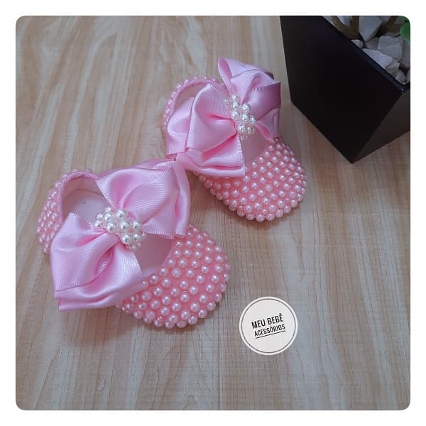 Sapatilha Infantil Feminino Bebe Menina Rosa Sapatinho Batizado Branco Sapato em Pérolas Luxo