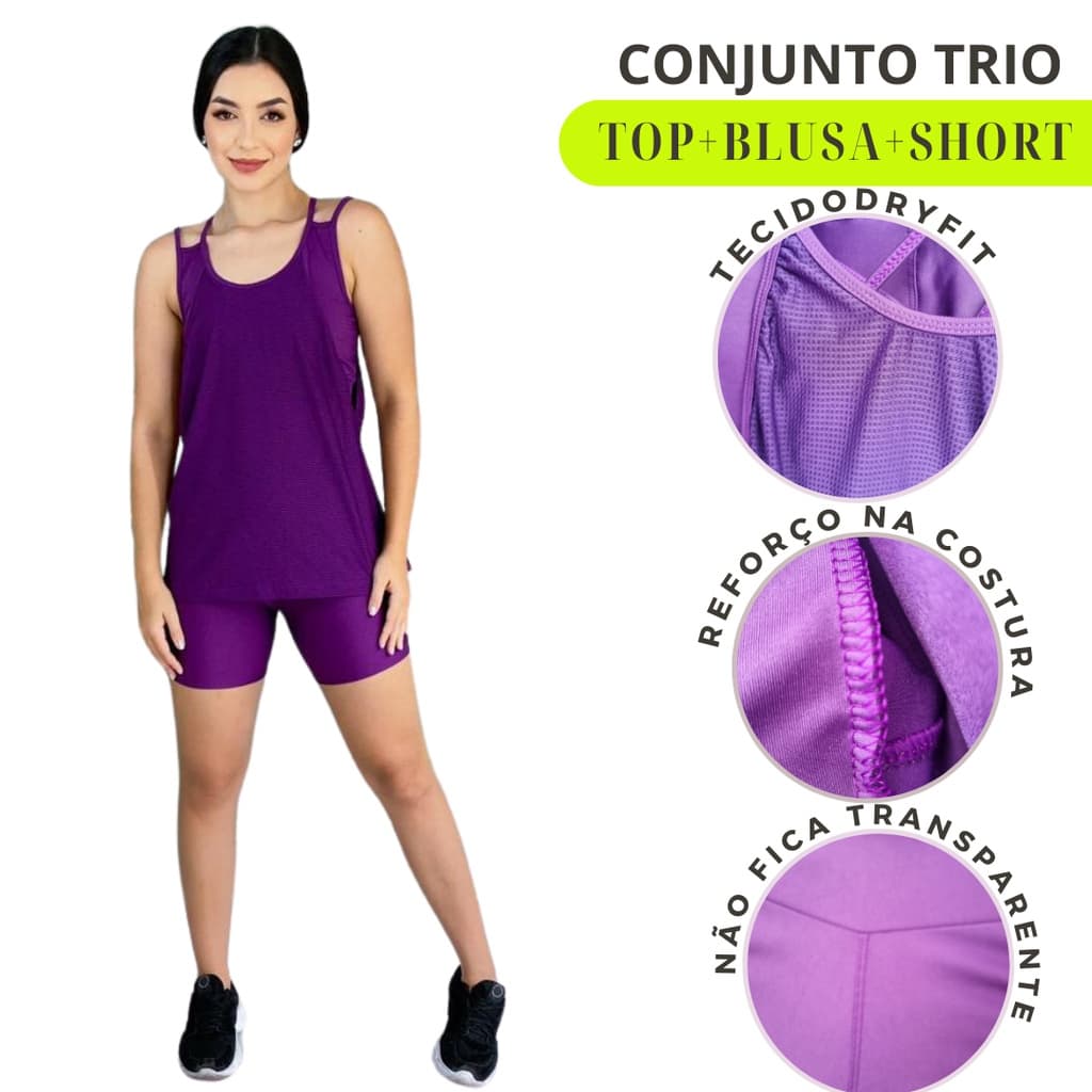 Conjunto Academia Feminino Short blusa e Top sem Bojo Moda Fitness Roupas Femininas Conjuntos Roupas de academia