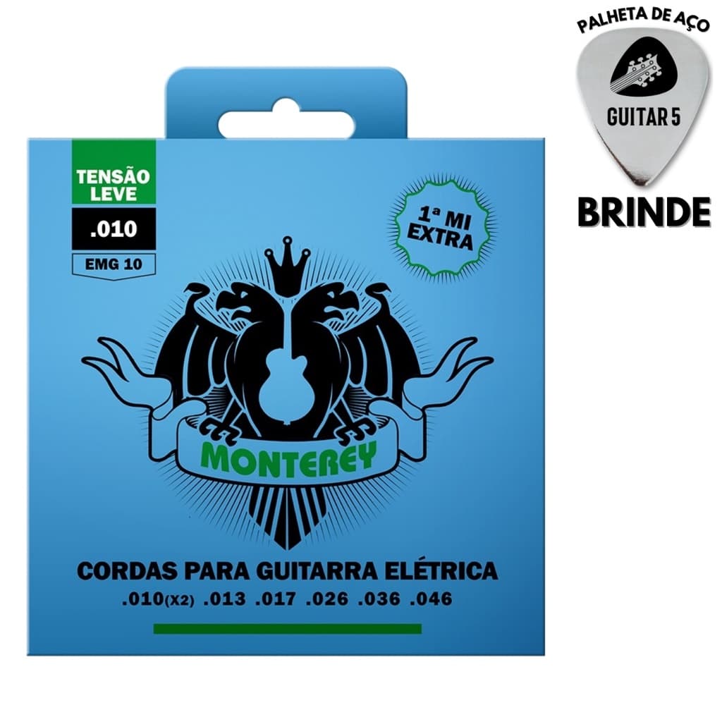 Encordoamento Para Guitarra Monterey Solez 010 046 EMG10 - Jogo De Cordas Guitarra Elétrica Tensão Leve Econômico