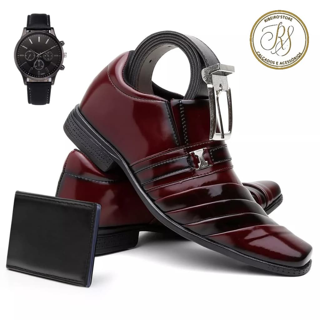 Kit Sapato Social Masculino Em Verniz Vinho Original Com Cinto Carteira e Relógio de Ponteiro