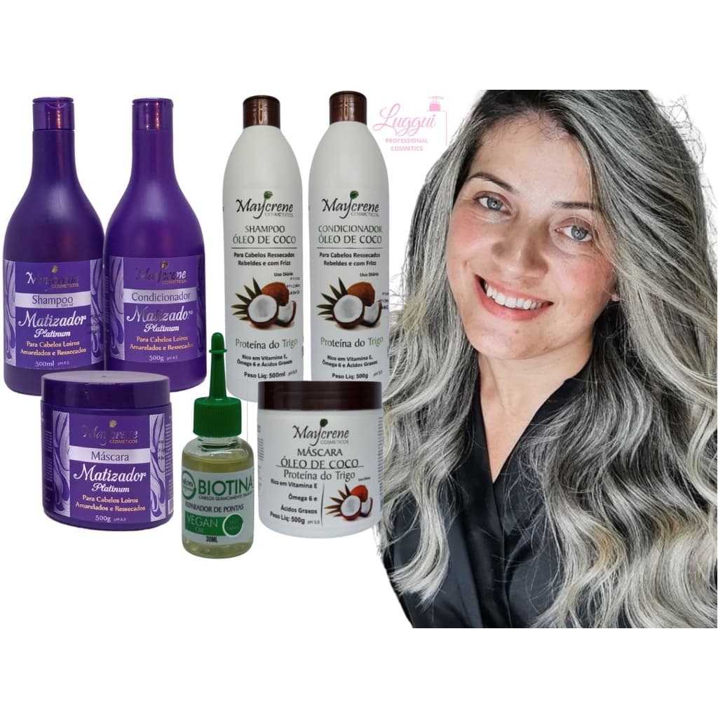 Kit Matizador Desamarelador + Kit Óleo de Coco Nutrição Intensa para Cabelos Loiros Cacheados 500ml Maycrene + 1 Óleo reparador de Pontas Biotina 30ml