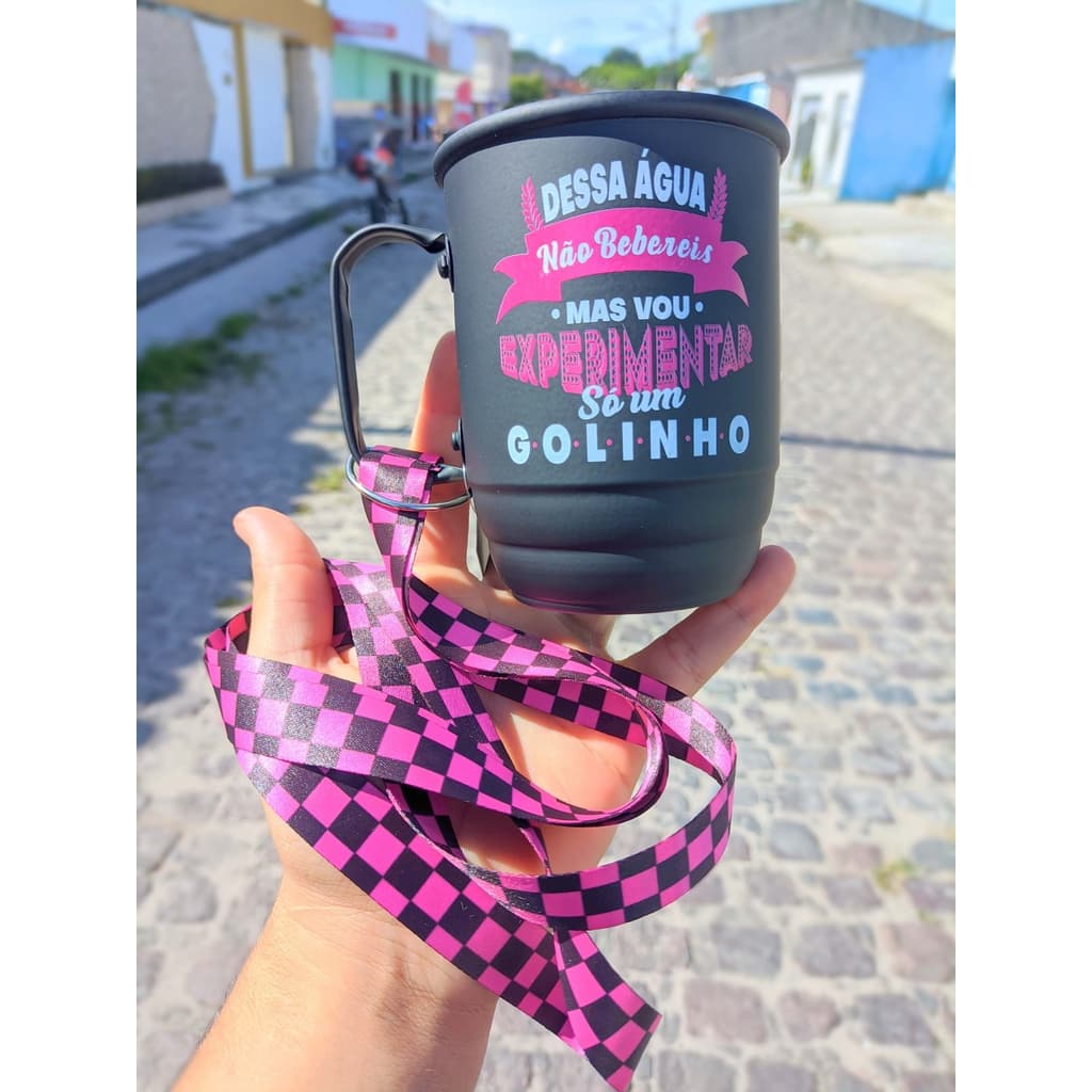Caneca de aluminio personalizada com tirantes de 40mm e 20mm Canecas alumínio Personalizadas Preto Fosco com nome e frase