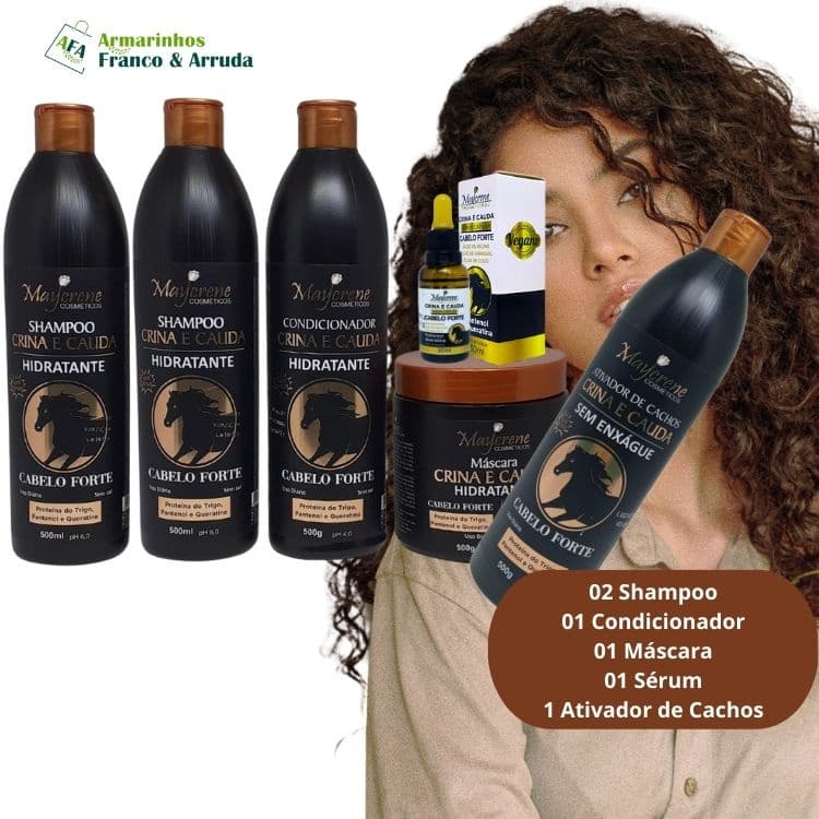 Kit Crina e Cauda  C/ 2 Shampoo + 1 Condicionador + Mascara + 1 Ativador + 1 Serum Maycrene - 6 Produtos